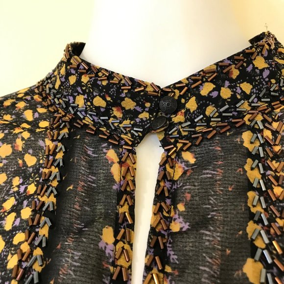 Free People If I Had You Beaded Peplum Blouse Floral Sheer Chiffon Keyhole Neck - Picture 3 of 11